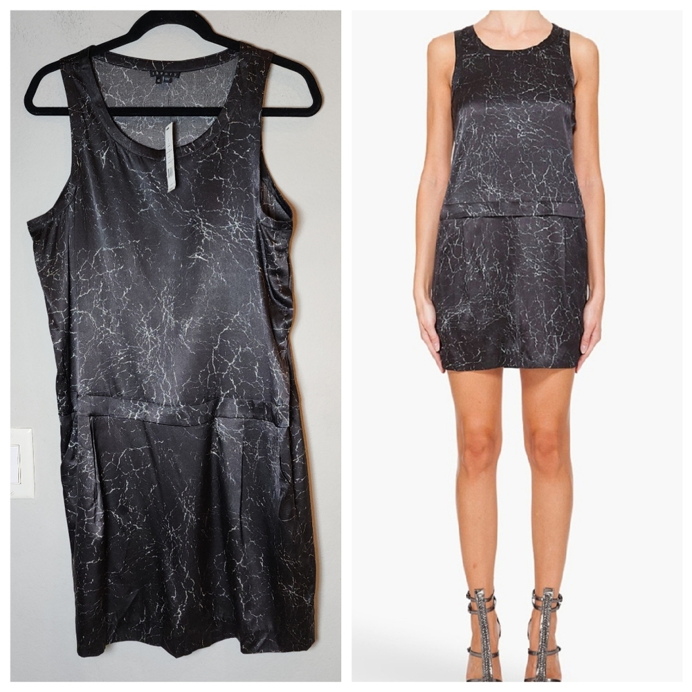 NWT Theory Silk Shaima Sleeveless Dress Black Cracked Leather Print Size 12